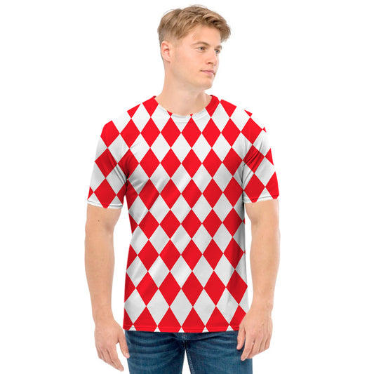 Red And White Harlequin Pattern Print Men's T-Shirt
