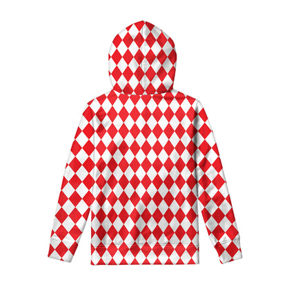 Red And White Harlequin Pattern Print Pullover Hoodie