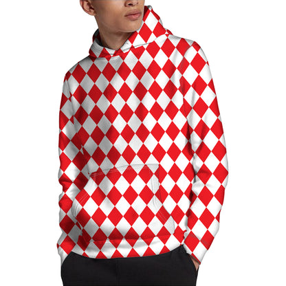 Red And White Harlequin Pattern Print Pullover Hoodie