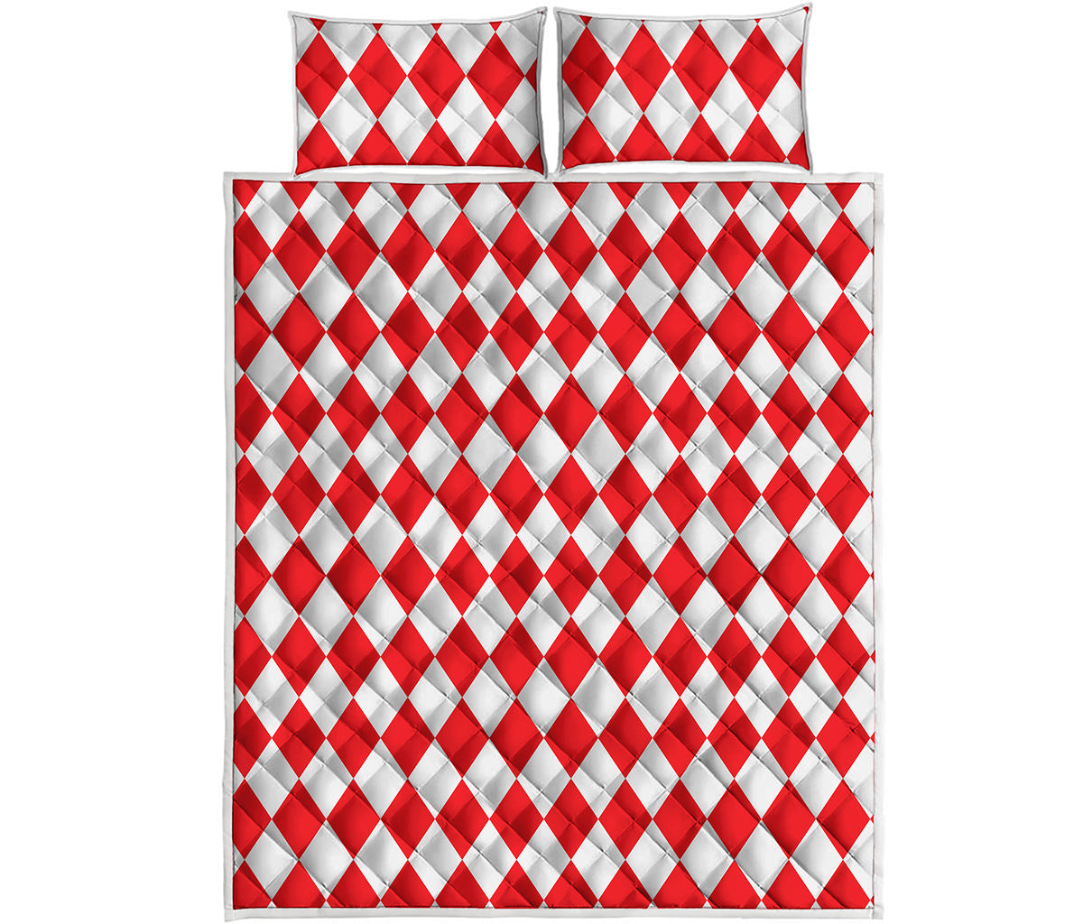 Red And White Harlequin Pattern Print Quilt Bed Set