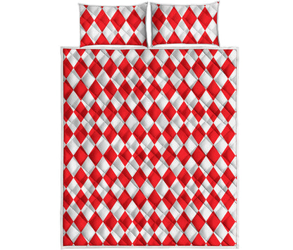 Red And White Harlequin Pattern Print Quilt Bed Set