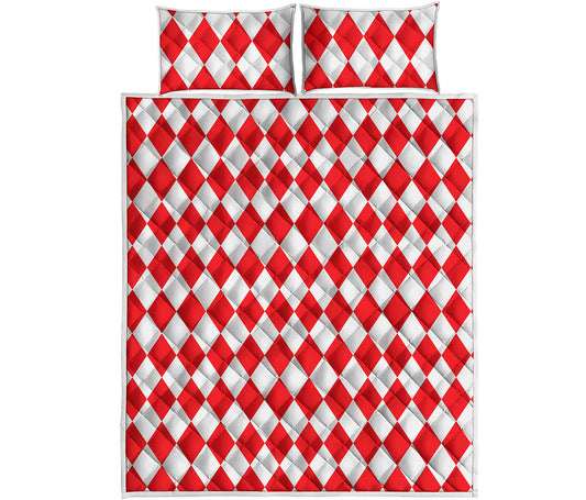 Red And White Harlequin Pattern Print Quilt Bed Set
