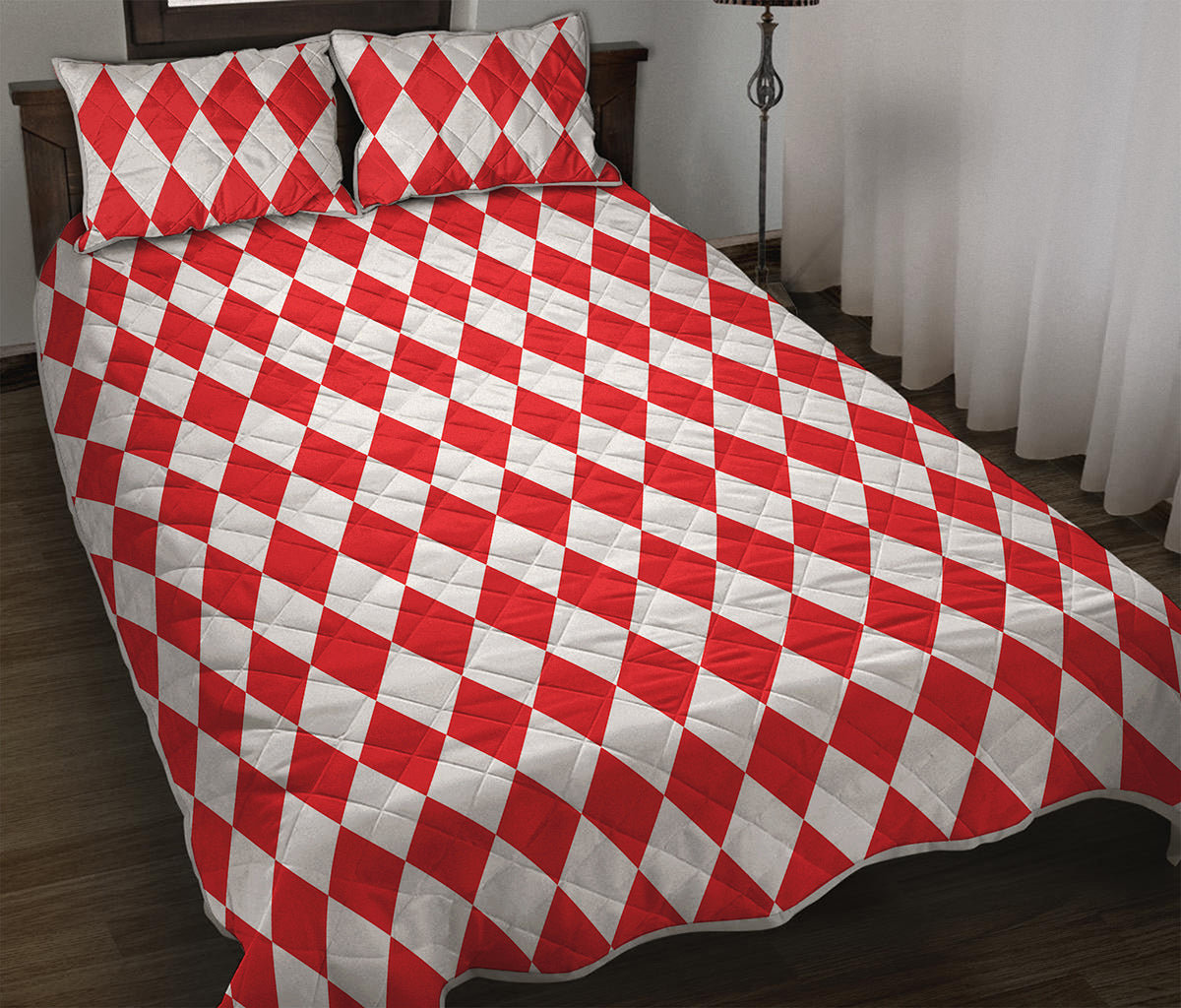 Red And White Harlequin Pattern Print Quilt Bed Set