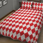 Red And White Harlequin Pattern Print Quilt Bed Set
