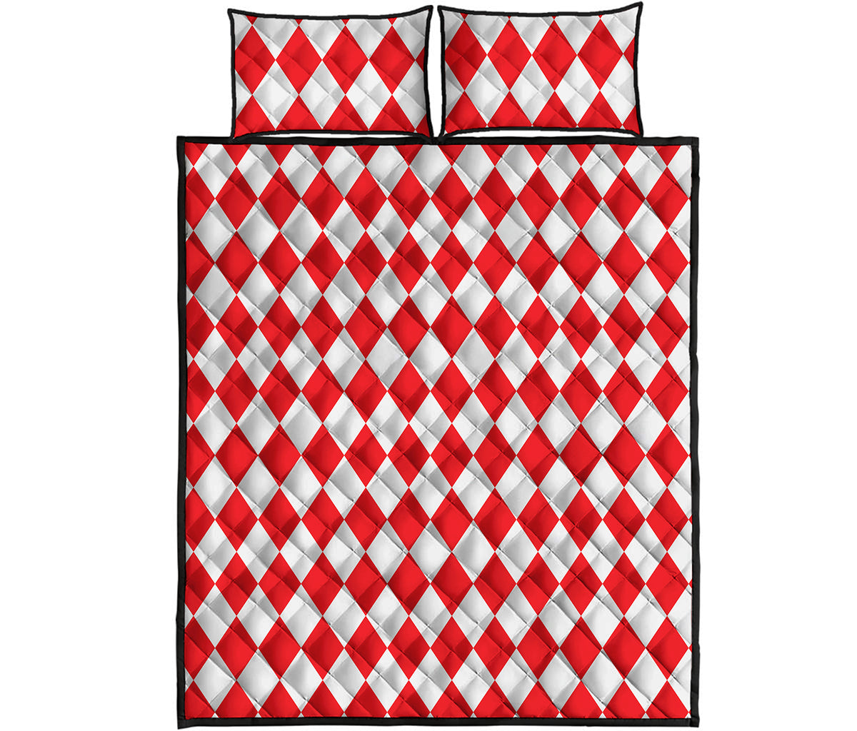 Red And White Harlequin Pattern Print Quilt Bed Set