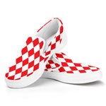 Red And White Harlequin Pattern Print White Slip On Shoes