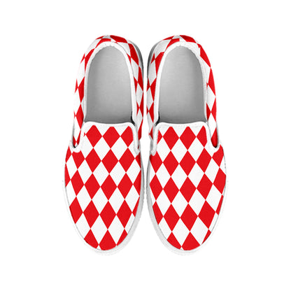 Red And White Harlequin Pattern Print White Slip On Shoes