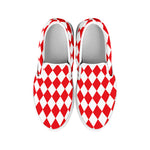 Red And White Harlequin Pattern Print White Slip On Shoes