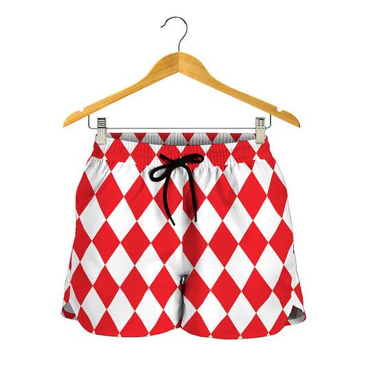 Red And White Harlequin Pattern Print Women's Shorts