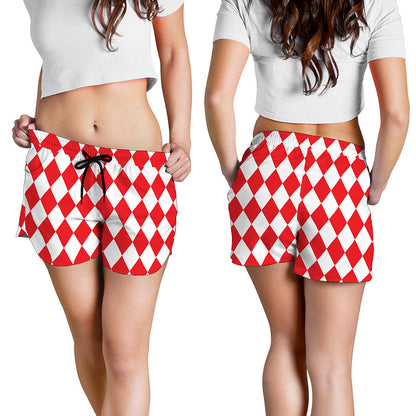 Red And White Harlequin Pattern Print Women's Shorts