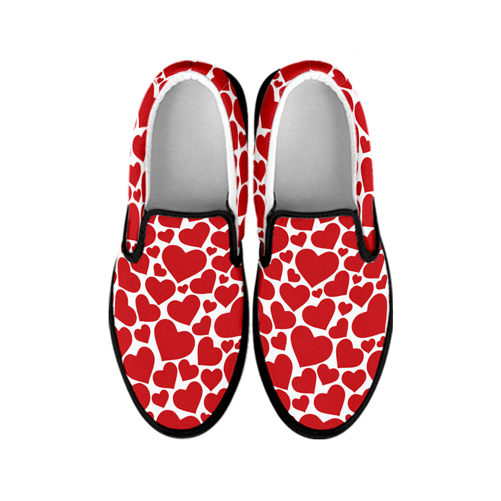 Red And White Heart Pattern Print Black Slip On Shoes