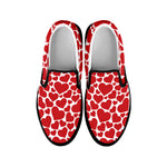 Red And White Heart Pattern Print Black Slip On Shoes