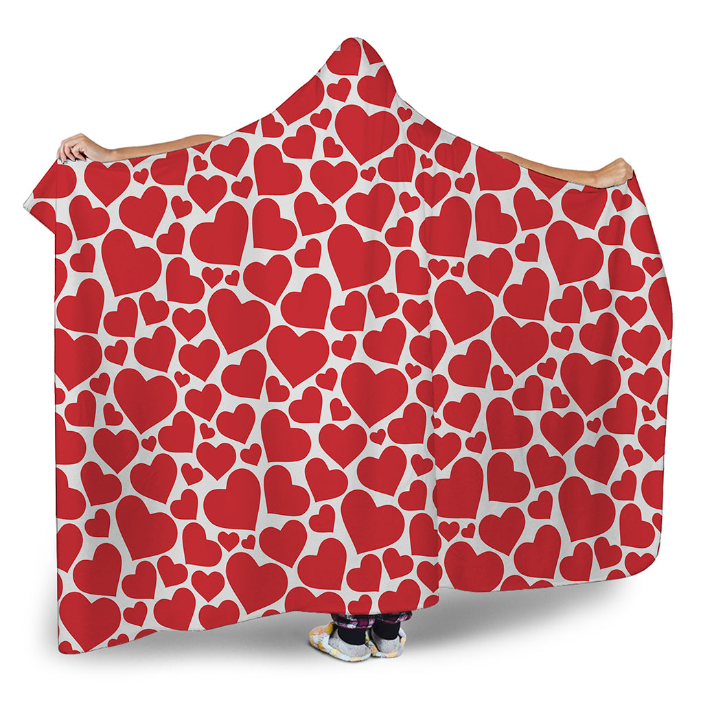 Red And White Heart Pattern Print Hooded Blanket