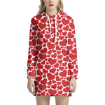 Red And White Heart Pattern Print Hoodie Dress