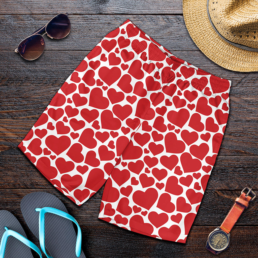 Red And White Heart Pattern Print Men's Shorts