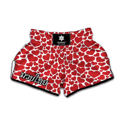 Red And White Heart Pattern Print Muay Thai Boxing Shorts