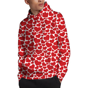 Red And White Heart Pattern Print Pullover Hoodie