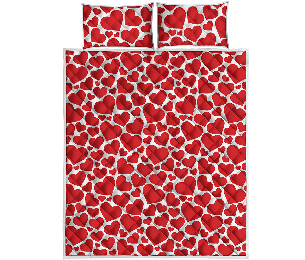 Red And White Heart Pattern Print Quilt Bed Set