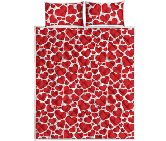 Red And White Heart Pattern Print Quilt Bed Set