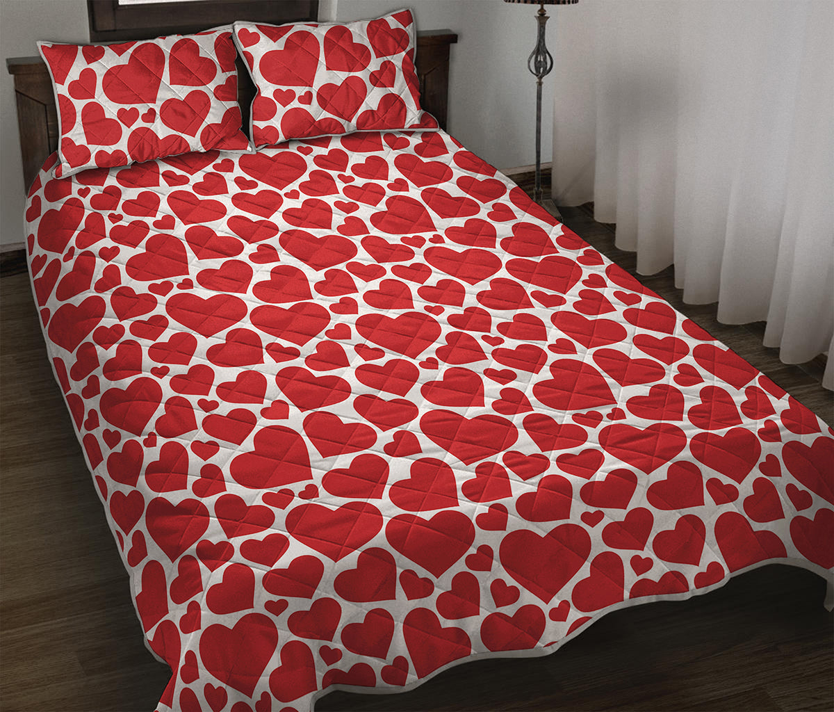 Red And White Heart Pattern Print Quilt Bed Set