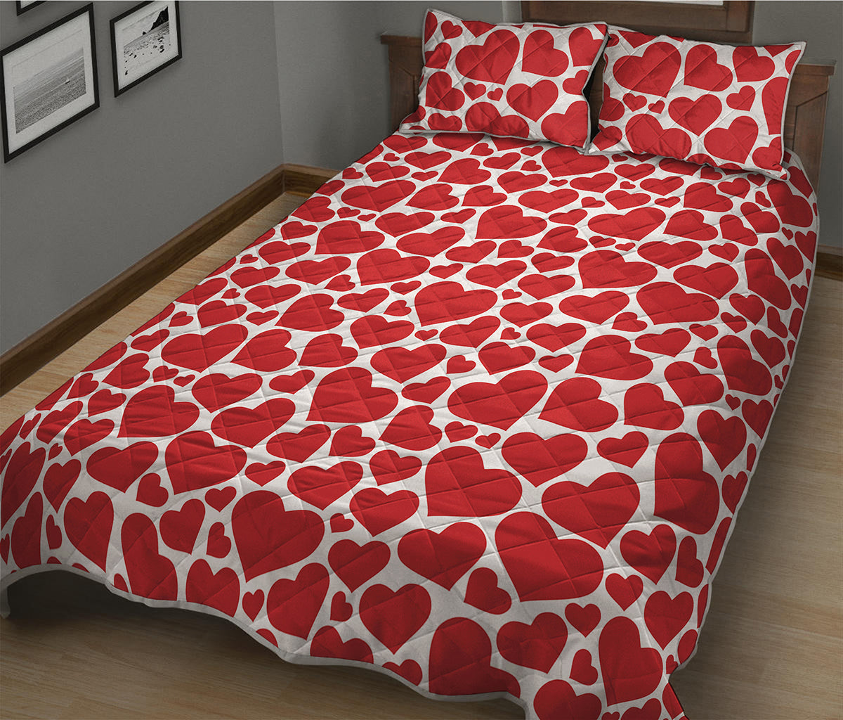 Red And White Heart Pattern Print Quilt Bed Set
