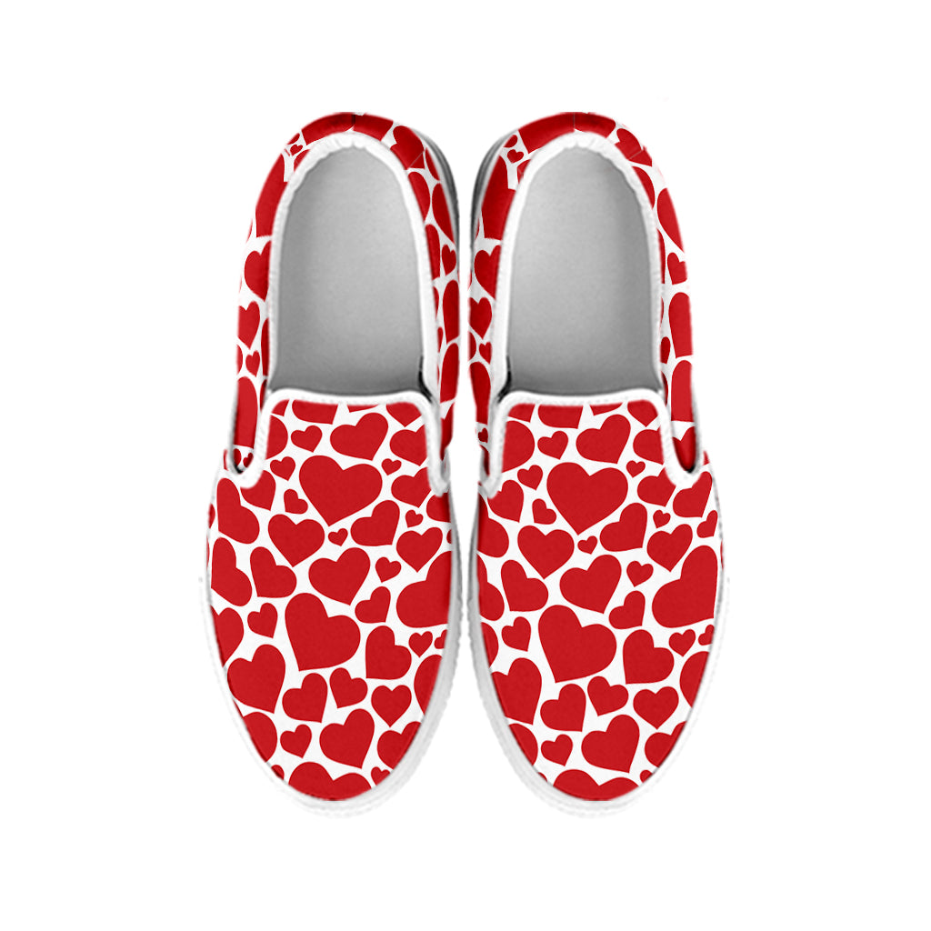 Red And White Heart Pattern Print White Slip On Shoes