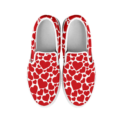 Red And White Heart Pattern Print White Slip On Shoes