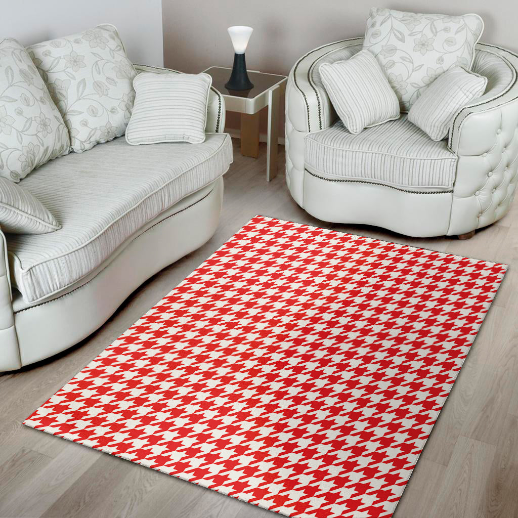 Red And White Houndstooth Pattern Print Area Rug