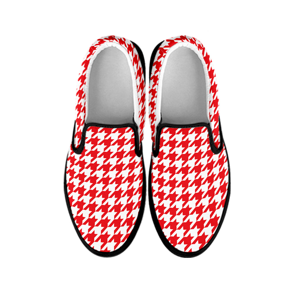 Red And White Houndstooth Pattern Print Black Slip On Shoes