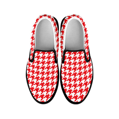 Red And White Houndstooth Pattern Print Black Slip On Shoes