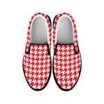 Red And White Houndstooth Pattern Print Black Slip On Shoes