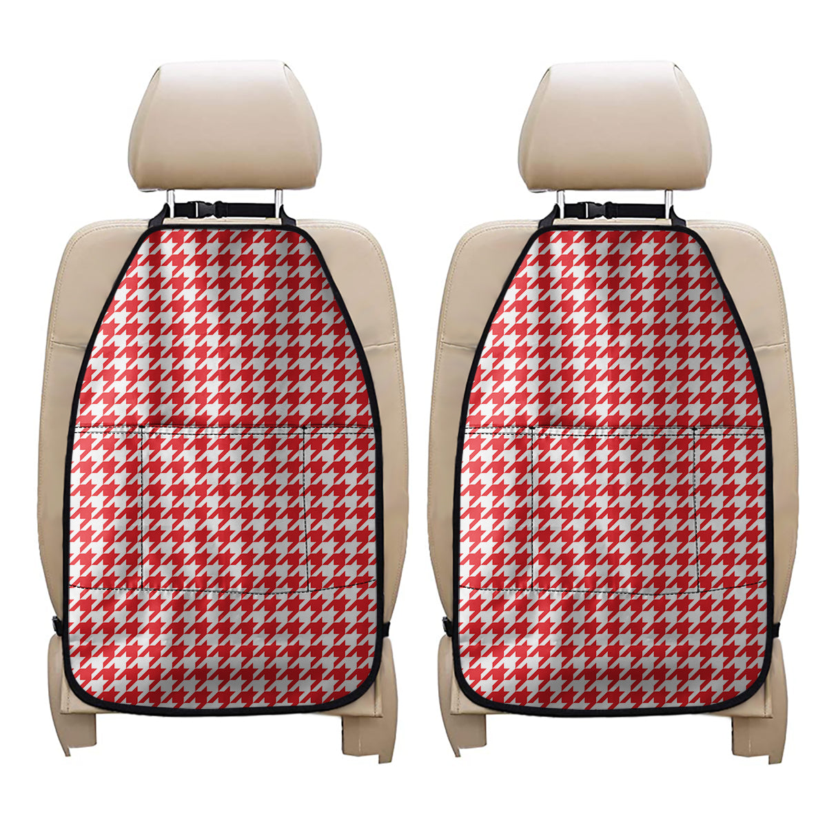 Red And White Houndstooth Pattern Print Car Seat Organizers