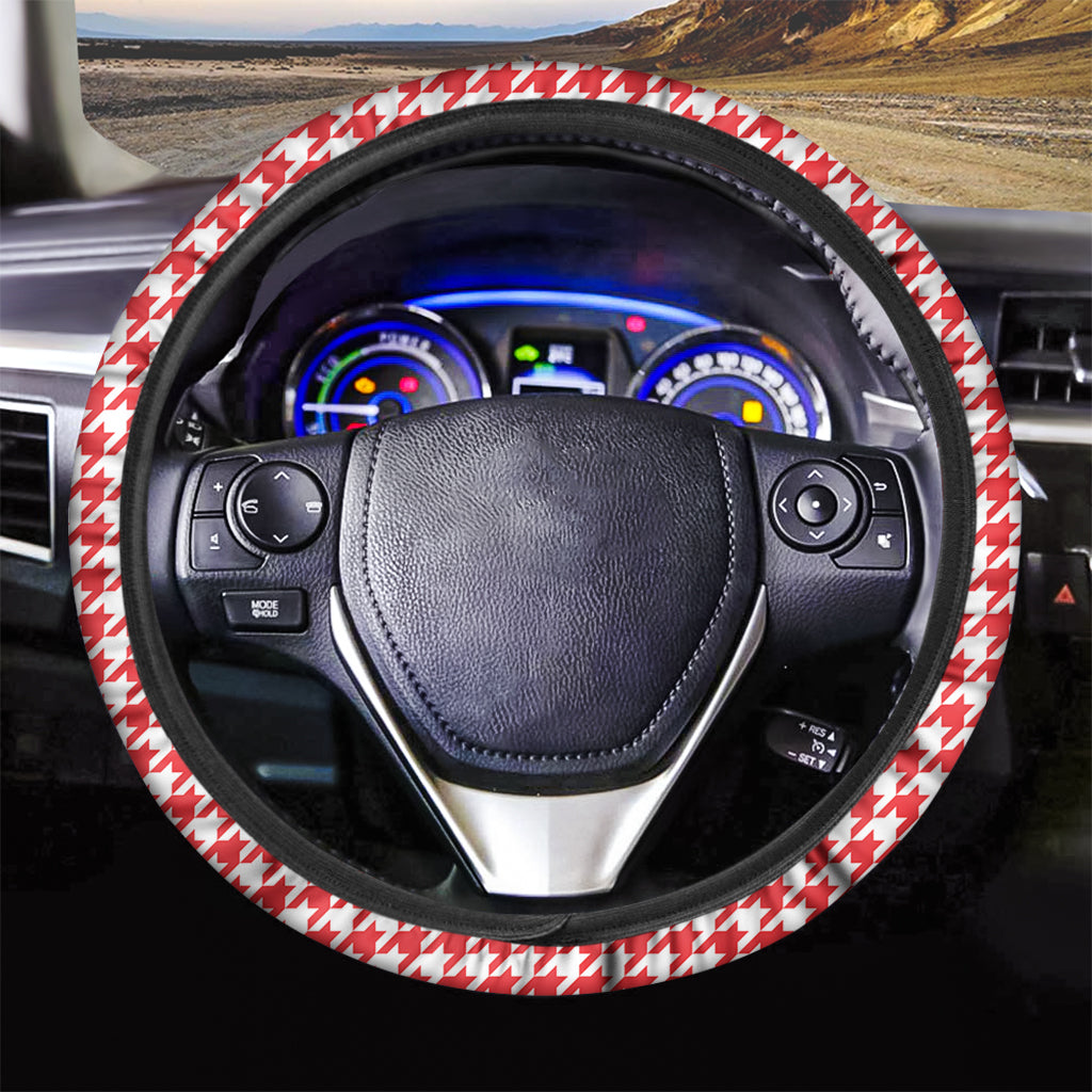 Red And White Houndstooth Pattern Print Car Steering Wheel Cover