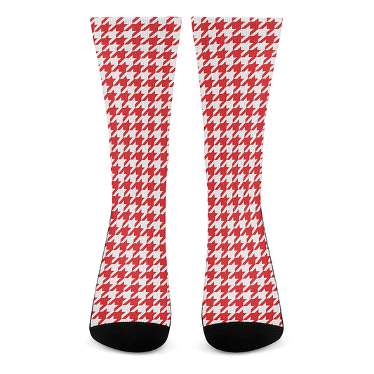 Red And White Houndstooth Pattern Print Crew Socks