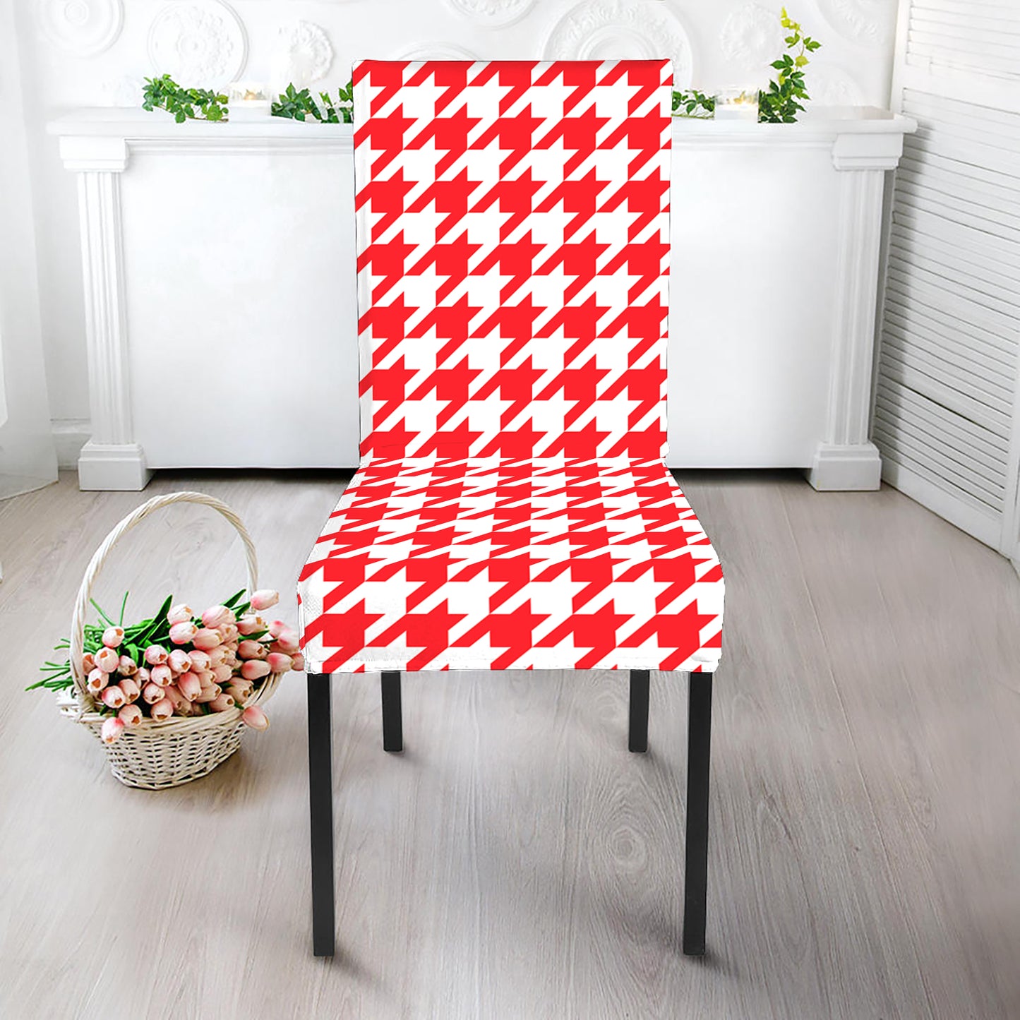 Red And White Houndstooth Pattern Print Dining Chair Slipcover