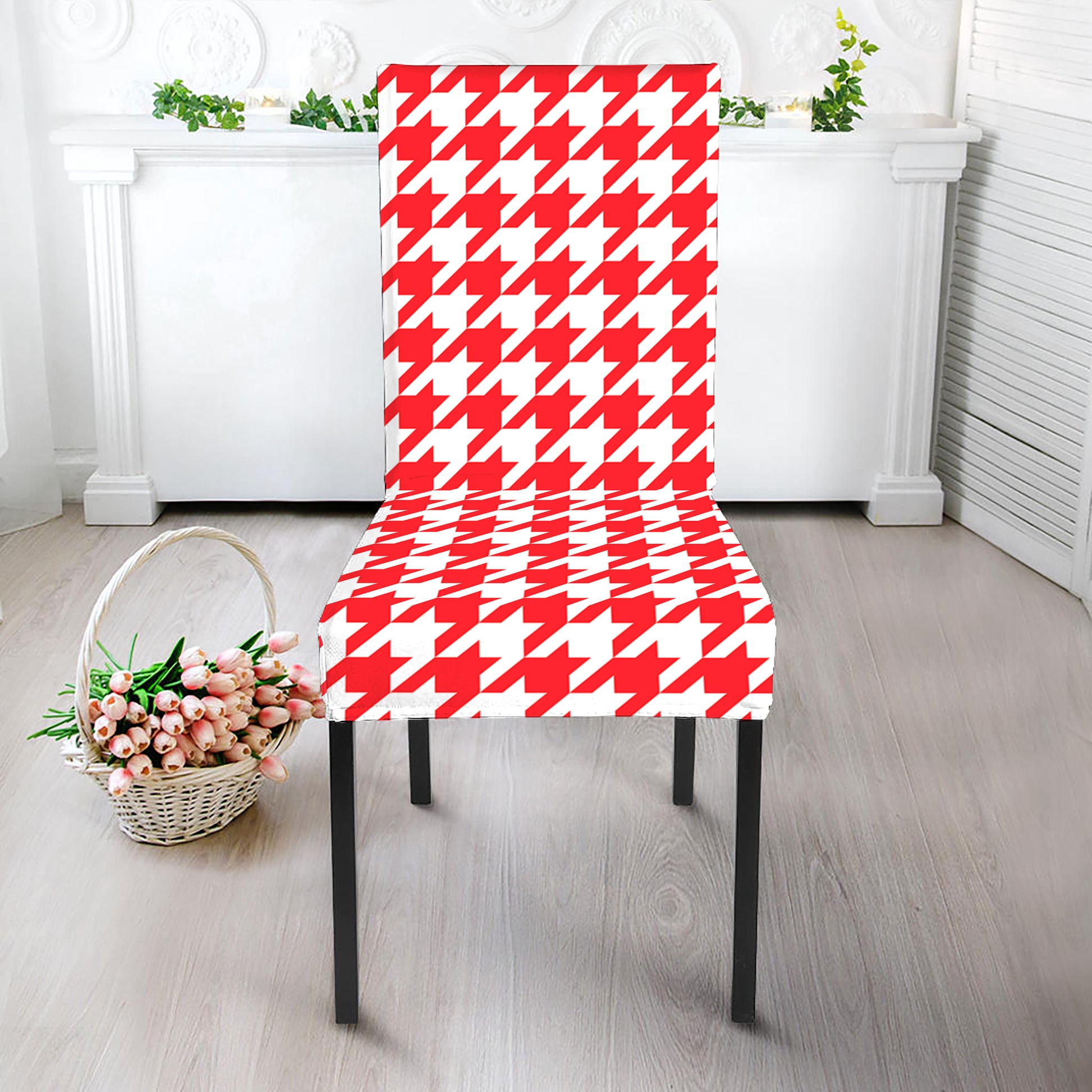 Red And White Houndstooth Pattern Print Dining Chair Slipcover