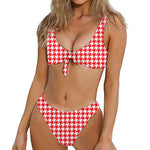 Red And White Houndstooth Pattern Print Front Bow Tie Bikini