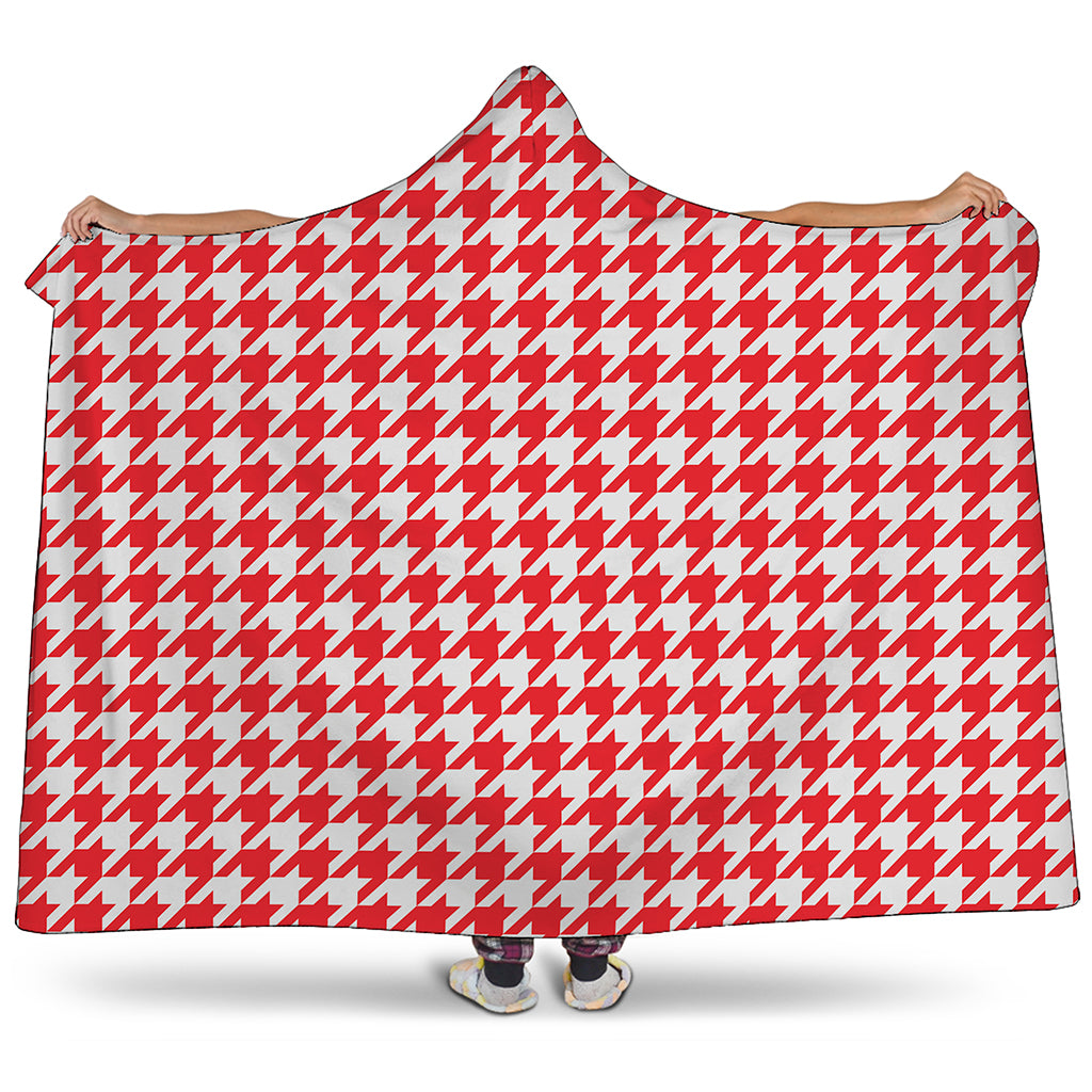 Red And White Houndstooth Pattern Print Hooded Blanket