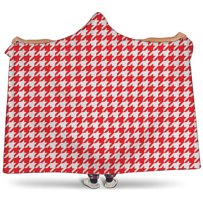 Red And White Houndstooth Pattern Print Hooded Blanket