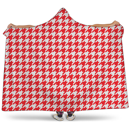 Red And White Houndstooth Pattern Print Hooded Blanket