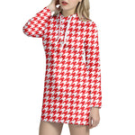 Red And White Houndstooth Pattern Print Hoodie Dress