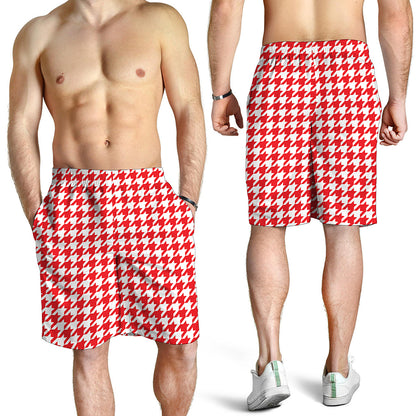 Red And White Houndstooth Pattern Print Men's Shorts
