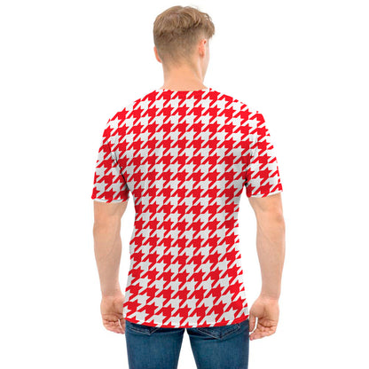 Red And White Houndstooth Pattern Print Men's T-Shirt