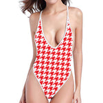 Red And White Houndstooth Pattern Print One Piece High Cut Swimsuit