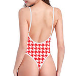 Red And White Houndstooth Pattern Print One Piece High Cut Swimsuit