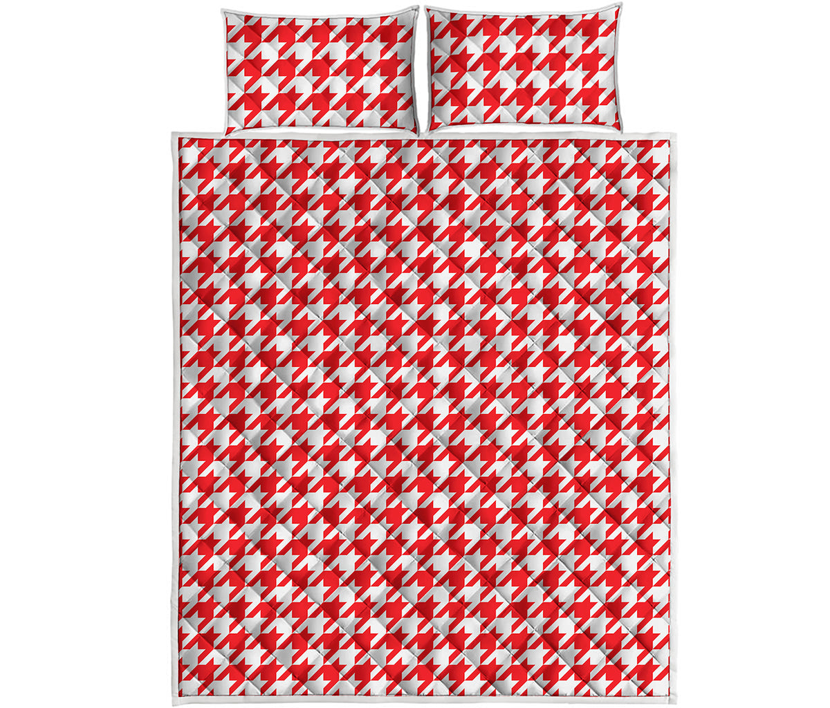 Red And White Houndstooth Pattern Print Quilt Bed Set