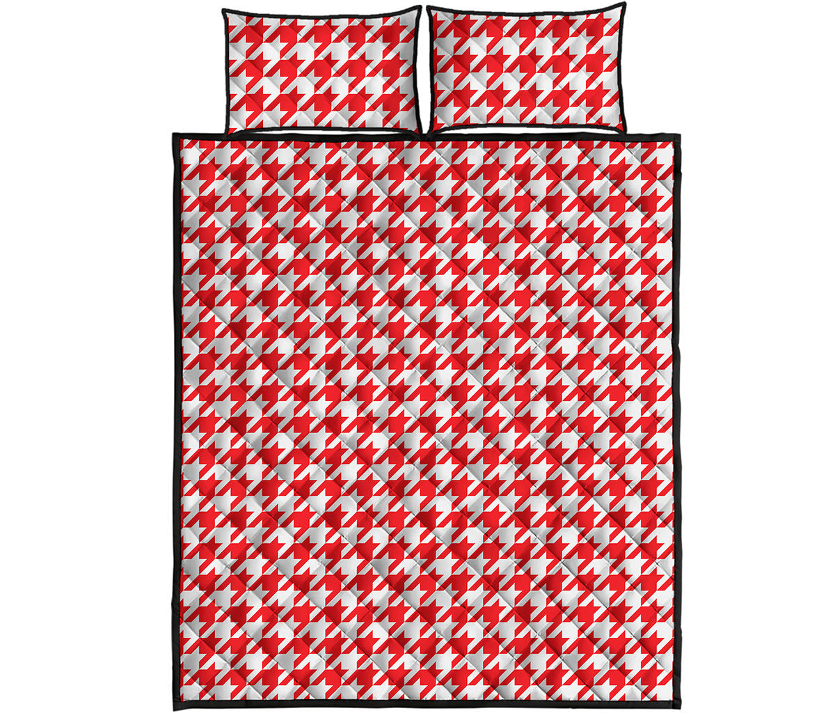 Red And White Houndstooth Pattern Print Quilt Bed Set