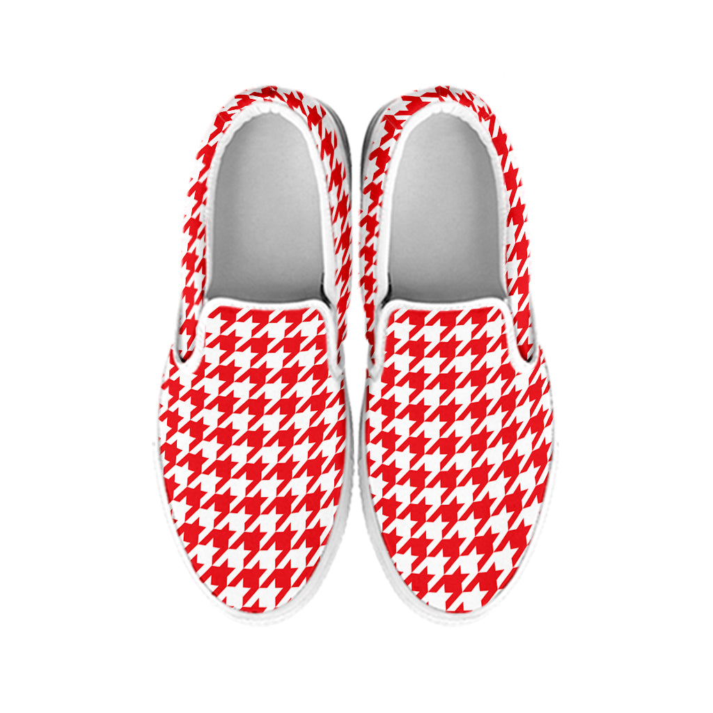 Red And White Houndstooth Pattern Print White Slip On Shoes