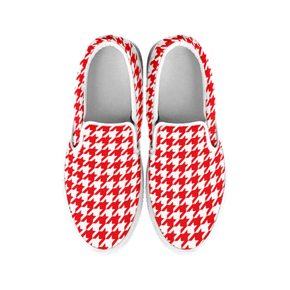 Red And White Houndstooth Pattern Print White Slip On Shoes