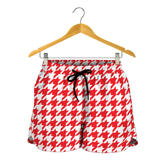 Red And White Houndstooth Pattern Print Women's Shorts